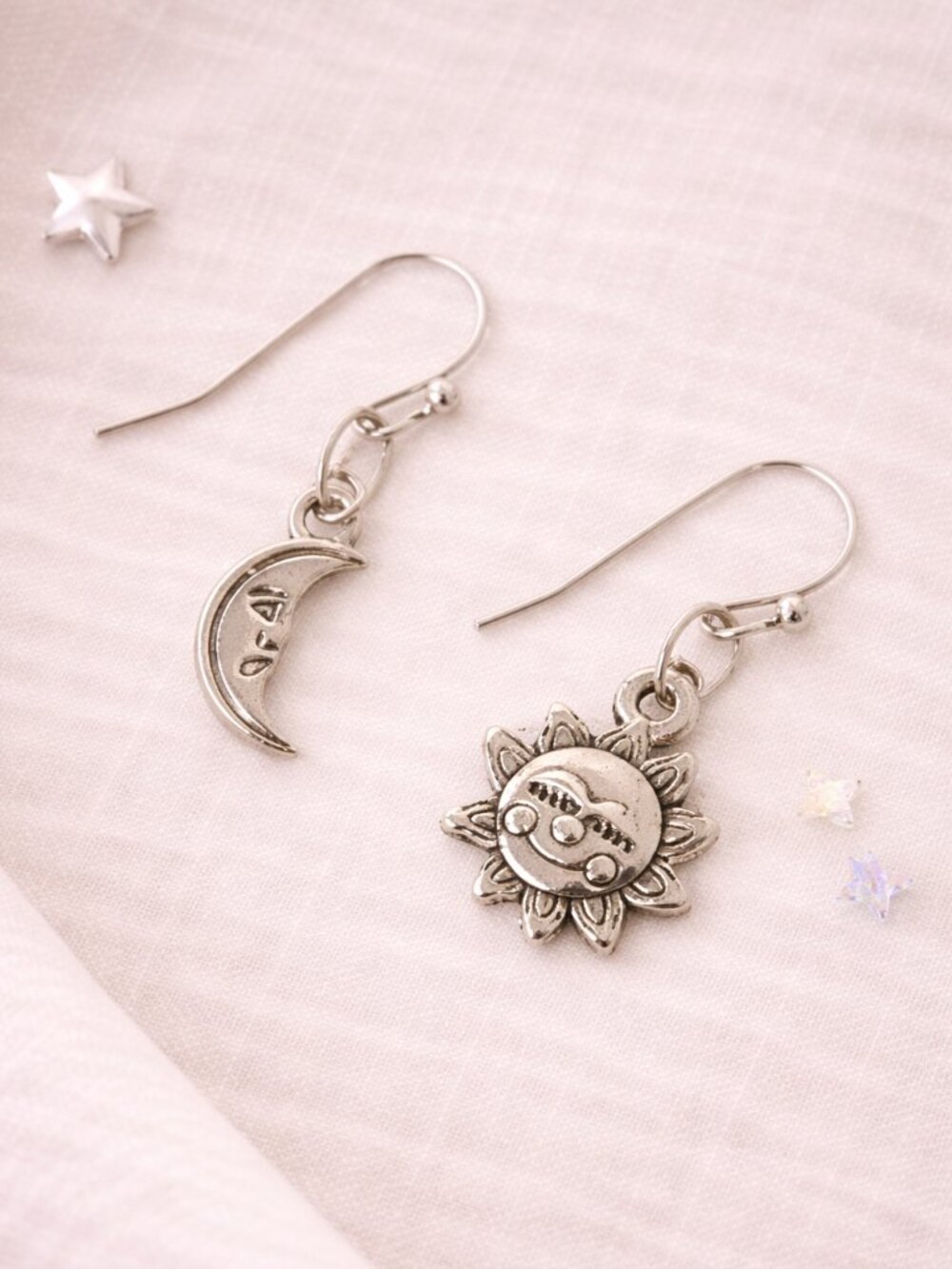 Antiqued Silver Sun & Moon Dangle Earrings